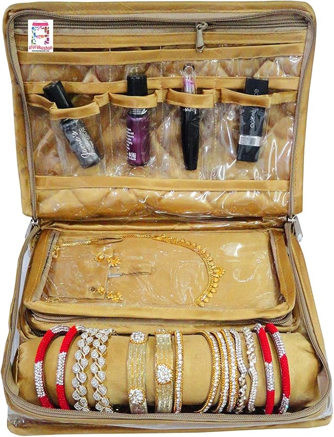 atorakushon Jewelry Travel Organizer Case Transparent Storage Zipper Locker Box Pouch for Necklaces Earrings Rings Bracelets Golden