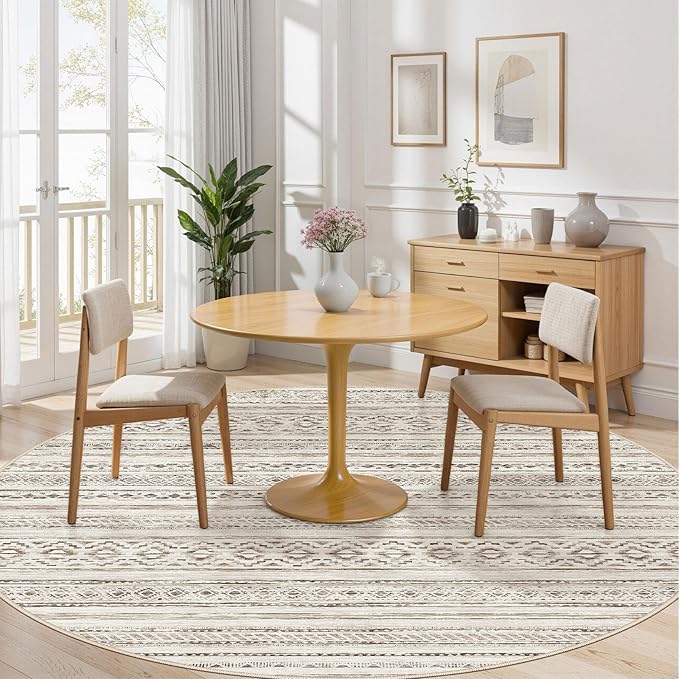 cotiled 8x8 Round Area Rug Living Room: Washable Boho Rugs with Non Slip Backing Large Soft Indoor Stain Resistant Carpet for Bedroom Farmhouse Dining Room Lightweight Home Decor Cream Brown