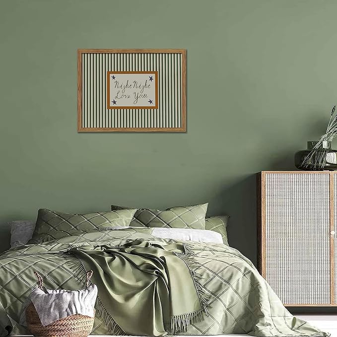 Vintage Green Wall Art, Mid Century Night Night Love You Stripe Canvas Wall Decor Painting, Modern Minimalist Nursery Striped Prints Pictures for Baby Room Kids Bedroom 12x16 Inch Framed