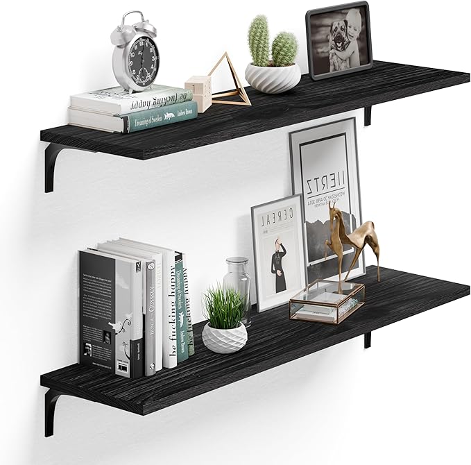 12 Inch Deep Floating Shelves Set of 2, 36 Inch Extra Wide Black Solid Wood Wall Shelves with 100 lbs Capacity, Heavy Duty Farmhouse Wall Mounted Shelving for Kitchen, Living Room & Bathroom