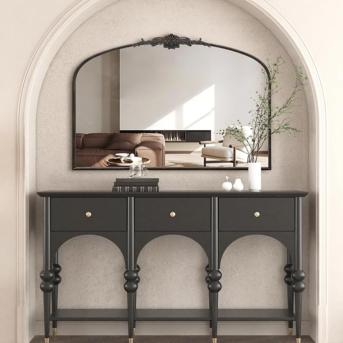 Besdomus Antique Arched Large Mirror: 48"x33" French Oversize Black Arch Vintage Vanity Wall Mounted Mirror - Baroque Decorative Traditional Ornate for Living Room/Fireplace/Bathroom/Entryway