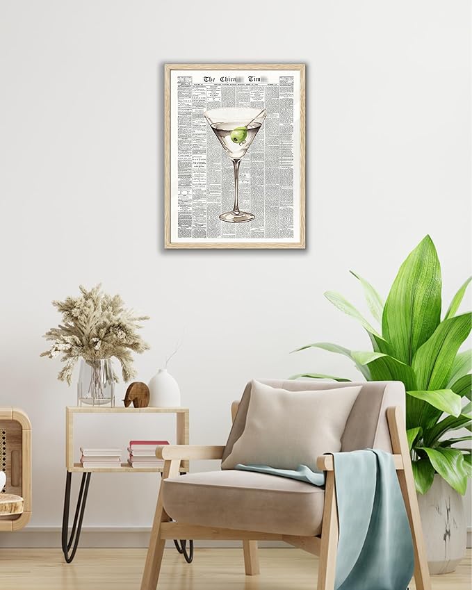 EcoHest UnFramed Trendy Newspaper Martini Wall Art, 12x16 in OAK Wood Retro Bar Cart Canvas Art, Magazine Aesthetic Apartment Art, Beige Logs Funky 70's Set of 1 for Bedroom Living Room