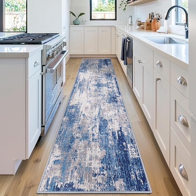 RELEANY Washable Area Rugs 2'x8' Non-Slip Modern Abstract Soft for Living Room Entryway Bedroom Nursery, Print Pattern, Blue Grey Navy Gray