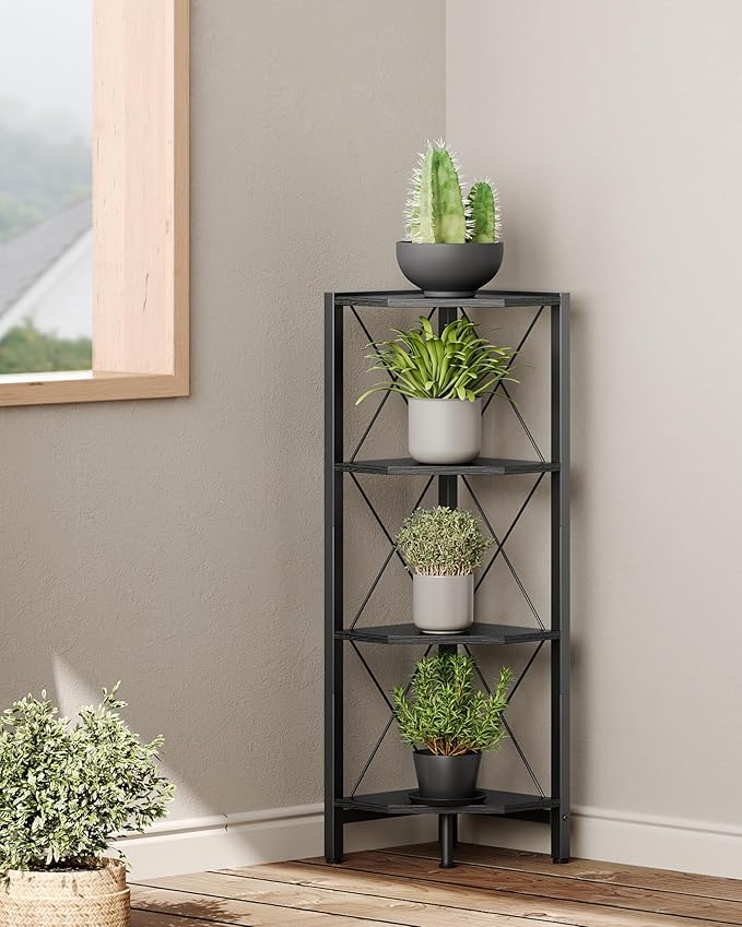 CHOEZON 4-Tier Corner Shelf, Corner Bookcase, 43.3" Tall Vertical Display Rack, Plant Stand, Open Storage Shelf, for Living Room, Bedroom, Study, Kitchen, Black TCJ14BB