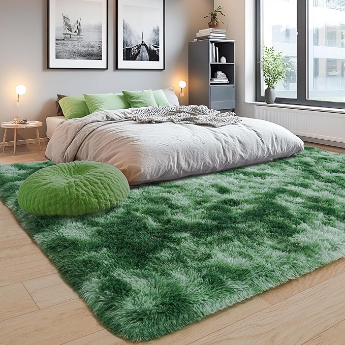 8x10 Area Rugs for Living Room, Ultra Soft Fluffy Large Shaggy Rug Carpet for Bedroom, Non-Slip Fuzzy Plush Rugs for Nursery Boys Girls Kids Room Modern Indoor Home Decor, Tie-Dyed Green