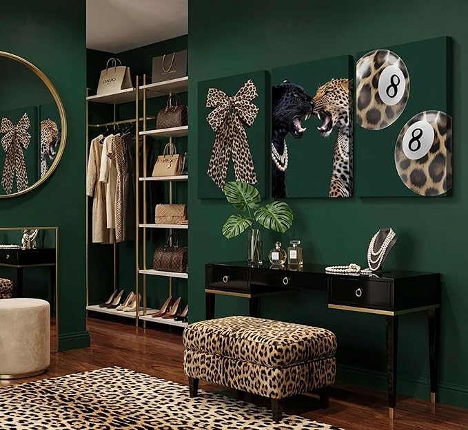 3Pcs Trendy Leopard Canvas Wall Art Funky Lucky 8 Ball Pictures Wall Decor Cheetah Bows Preppy Aesthetic Posters Prints Paintings for Bedroom Dorm Living Bathroom Decoration Prepare To Hang