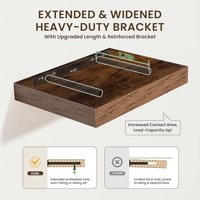FLYJOE 30 Inch Floating Shelves | 12 Inch Deep Brown Floating Shelves | 30" W x 12" D Rustic Wood Shelves for Wall | Deep Brown Shelves for Living Room Bathroom Laundry Room Kitchen