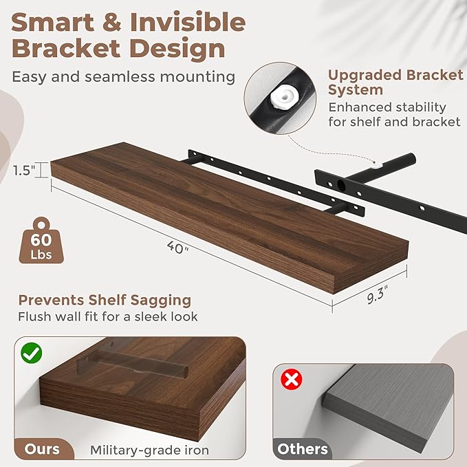 40 Inch Floating Shelves for Wall with Invisible Brackets Set of 2, 9"D Engineered Wood Wall Shelves with Wood Grain for Living Room, Bedroom, Bathroom, Kitchen Decor and Storage, Walnut Finish
