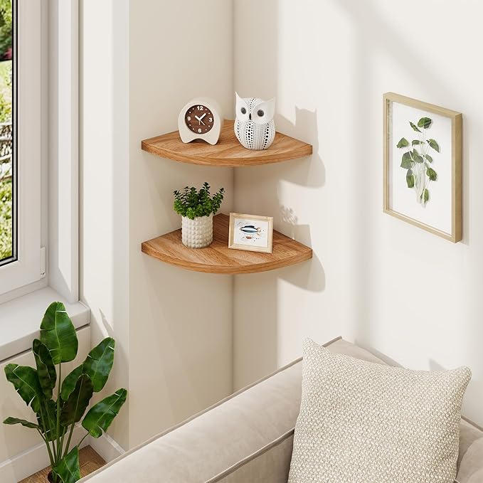 Fun Memories Corner Shelf Wall Mount, Solid Oak Wood Floating Corner Shelves with Cable Hole, 10in Rustic Design for Bedroom, Bathroom, Kitchen, Living Room (Natural, 1 Pack)