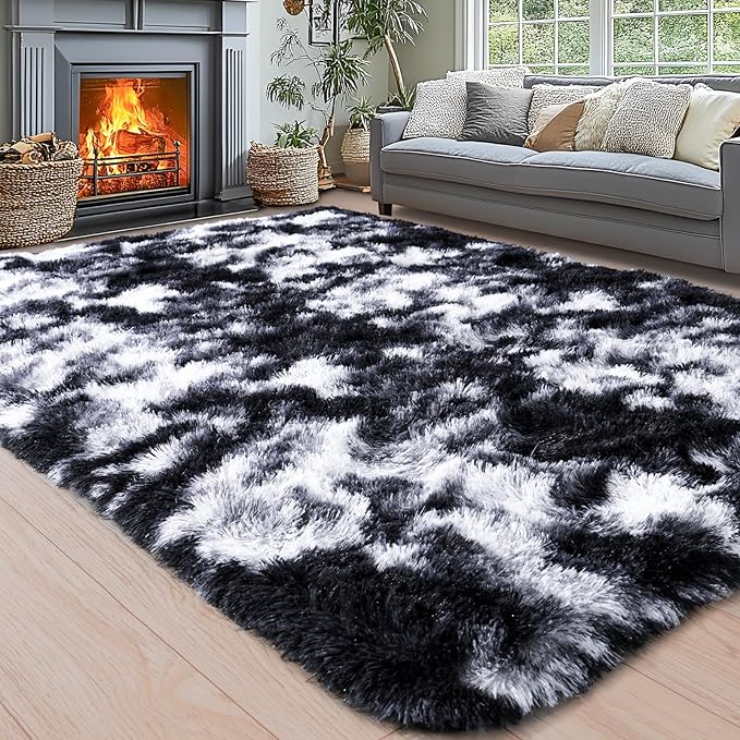 Area Rugs for Living Room 6x9, Ultra Soft Fluffy Rug for Bedroom, Modern Shaggy Carpets Fuzzy Rug for Girls Boys Room Home Indoor Nursery Teens Dorm Decor, Upgrade Non-Slip Durable, Black and White