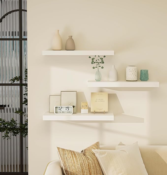 Vervida White Floating Shelves for Wall 24" W x 7.9" D x 1.5" H, Modern Style, for Living Room, Bedroom, Bathroom, Kitchen, Office, Storage, Display, with Invisible Brackets Wall Shelves(3 Pack)