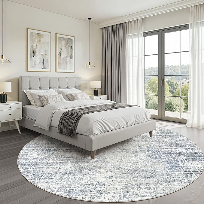 8ft Round Rug Living Room: 8x8 Washable Large Neutral Blue Circle Area Rug Abstract Soft Modern Stain Resistant Indoor Floor Non-Slip Carpet for Bedroom Nursery Kids Office Playroom Dining Room