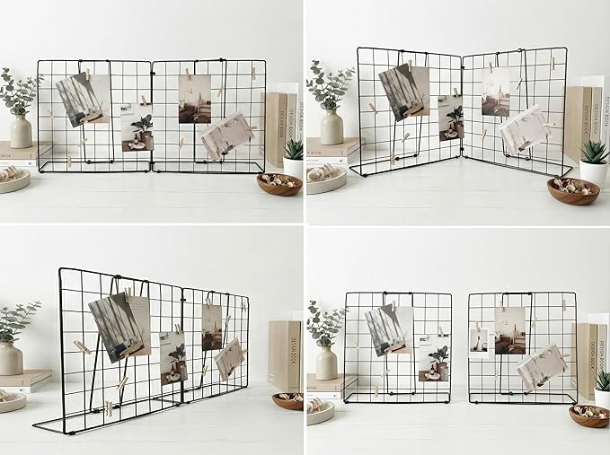 Foldable Double-sided Desktop Photo Display Rack & Grid Display Board With 20 Wooden Clips – Photo & Accessory Organizer For Home Office Black