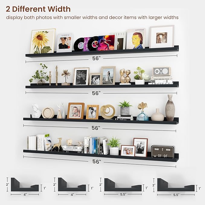 Axeman Picture Ledge Shelf | 55 Inch Black Floating Shelves Set of 4 | Rustic Wood Wall Shelves with Lip | 55" Black Picture Shelves for Wall with Ledge | Photo Shelves