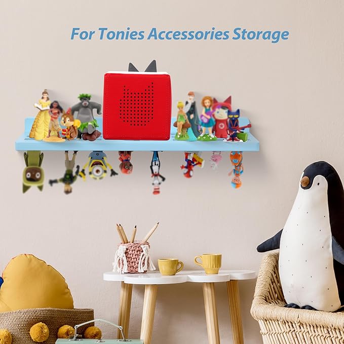 For Tonies Figures Shelf Magnetic,for Tonie Box Wall Shelves,for Tonies Characters Organizer Audio Toy Storage (Holds 36 Figurines),Compatible Charging Station for Children Kid's Room,Oak Wood,Blue