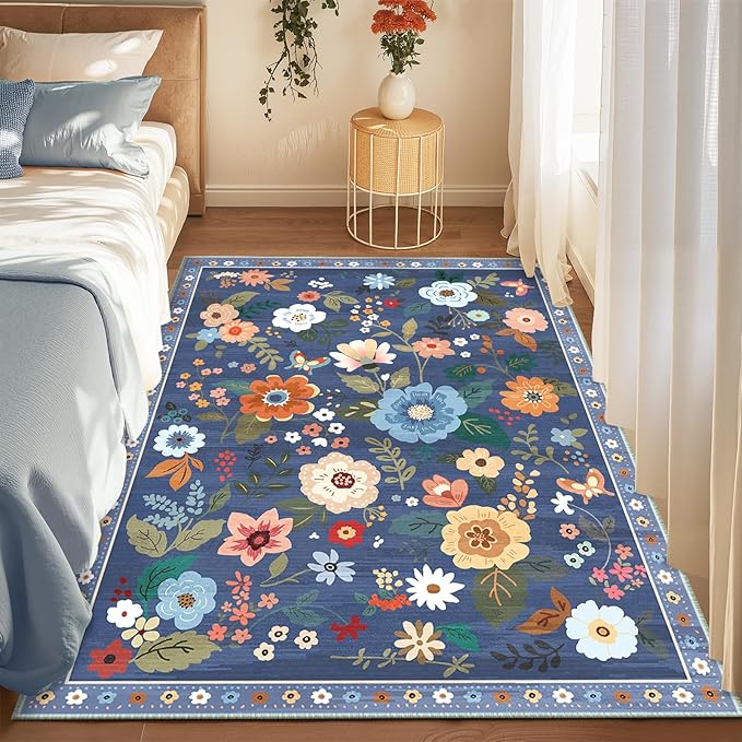 RELEANY Floral Nursery 3x5 Area Rugs Washable Print Boho Cute Carpet Non Slip Flower Low Pile for Living Room Kids Girls Playroom Bedroom Kitchen Office Farmhouse-Blue/Grey