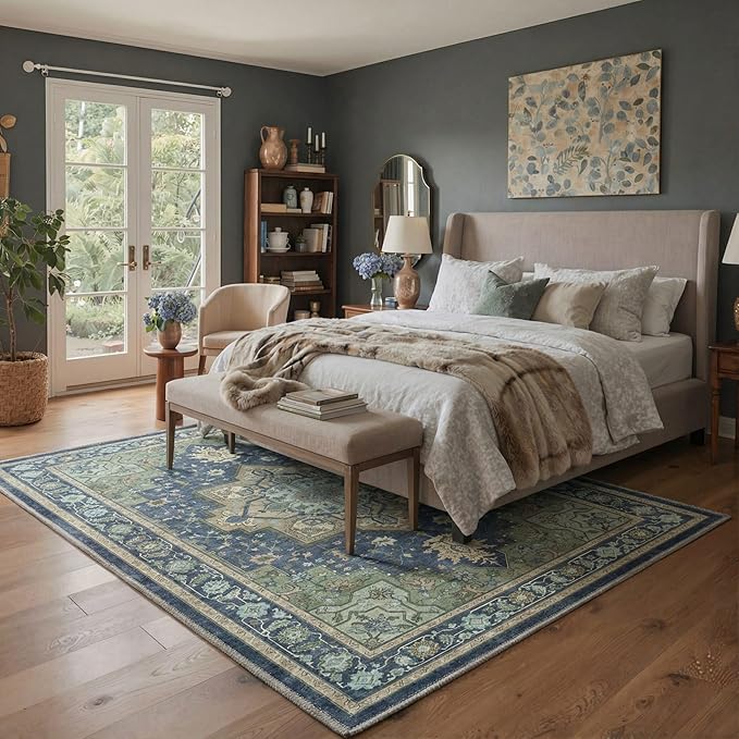 GENIMO 5x7 Area Rugs for Living Room, Machine Washable Rug, Non Slip Indoor Vintage Carpet, Low Pile Lightweight Chenille Print Carpet for Bedroom Dining Room Home Office, Green & Navy