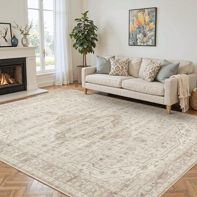 Rugxara 6x9 Washable Area Rug for Living Room, Vintage Neutral Large Boho Rugs for Office, Dining Room, Kids Room, Farmhouse, Durable Low Pile Non Slip Carpet for High Traffic Areas, Cream