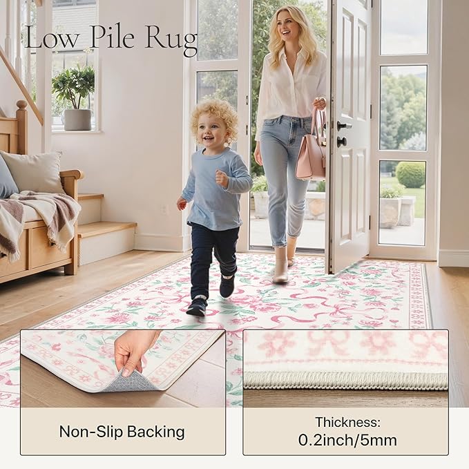 GENIMO 3X5 Washable Vintage Area Rugs for Living Room, Non-Slip Low Pile Chenille Print Rug, Soft Rugs for Bedroom Dining Room Home Office, Pastel Pink