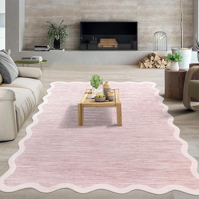 GarveeHome Scalloped Washable Area Rugs 8x10 Rugs for Living Room Modern Bedroom Rug Large Area Rug Non Slip Throw Rugs Soft Low Pile Stain Resistant Carpet for Girls Room Classroom Nursery, Pink