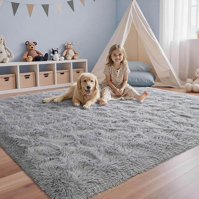 5x7 ft Light Grey Rug for Living Room Fluffy Bedroom Rug Non-Slip Area Rugs Shag Carpet for Nursery Kids Play Room Dorm Office Indoor Modern Plush Carpets Boys