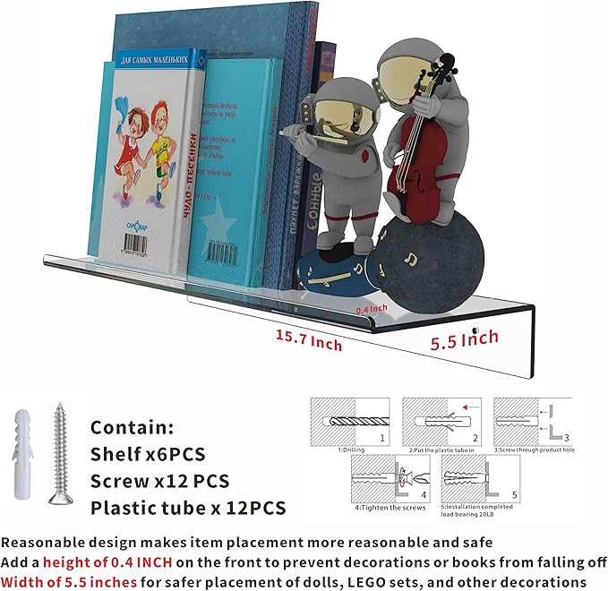Clear Acrylic Floating Shelves Set of 2 for Lego Sets Funko Pop Collectibles Kids Bookshelf Figures Plant Picture Photo Modern Wall Ledge Floating Shelf for Bedroom Decor Living Room Wall Shelf
