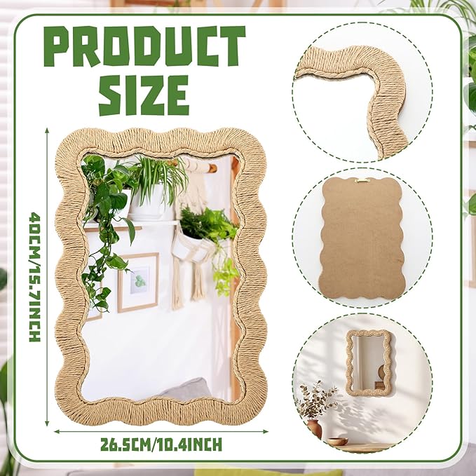Junkin Boho Scalloped Rattan Mirror Decorative Natural Wicker Wall Mirror with Rattan Frame Boho Coastal Decor for Bathroom Living Room, Entryway Decor(Rectangle,10.4 x 15.8 in)