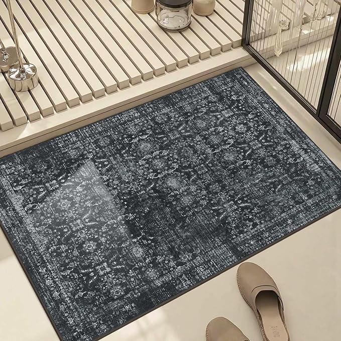 Rugxara Entryway Rug Door Mat, Washable Samll 2x3 Rug, Black Boho Front Door Mat, Non Slip Area Rugs, Low Pile Throw Accent Entry Carpet for Indoor Entrance, Bathroom and Kitchen(Black 2x3ft)