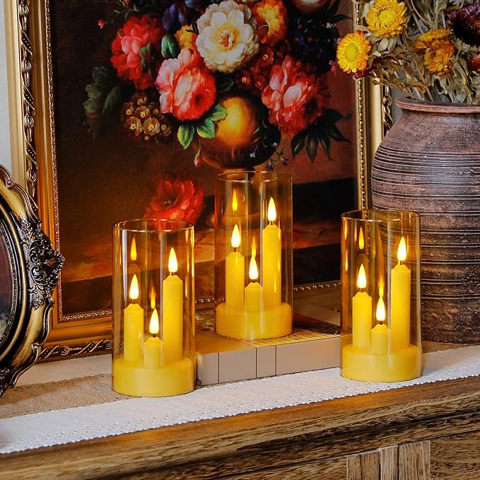 3 in 1 Flameless Taper Short Candles with 10 Key Remote Control and Timer, Battery Operated Pack of 2 LED Acrylic 3" x6" Amber Pillar Flickering Warm Light