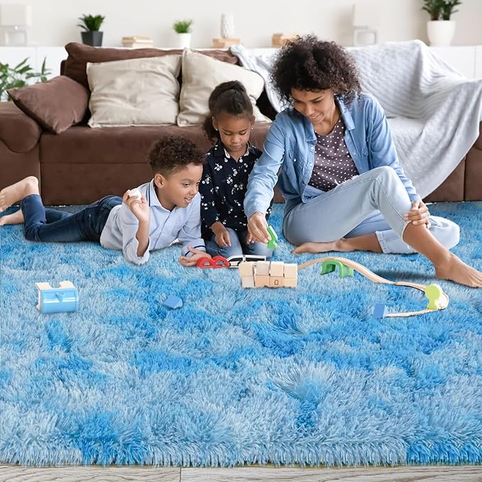 5x7 Fluffy Fuzzy Area Rug for Living Room Bedroom, Ultra Soft Rugs for Living Room, Modern Shaggy Carpets Rug for Boys Girls Dorm Nursery Home Decor Aesthetic, Upgrade Non-Slip Durable, Tie-Dye Blue