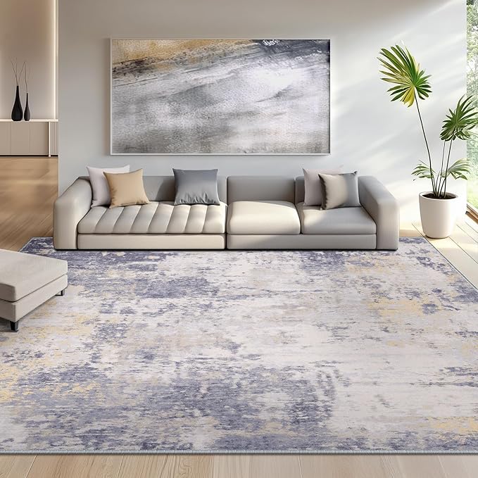 RELEANY Washable Area Rugs 6'x8' Non-Slip Modern Abstract Soft for Living Room Entryway Bedroom Nursery, Print Pattern, Purple Grey Cream Yellow