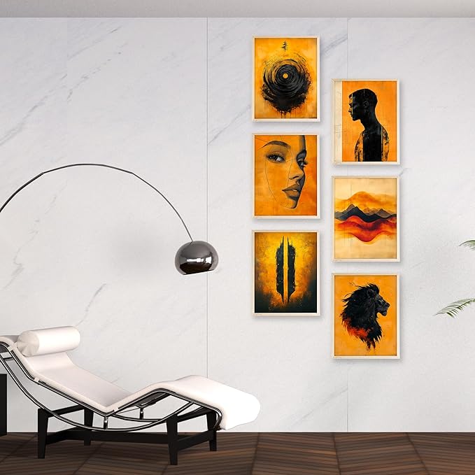 Eastern Print Set of 6 Abstract Masculine Wall Art Prints – Bold Orange & Black Lion, Silhouette, Face Line Posters – Modern Unframed 8x10 Decor for Men’s Room, Office, Man Cave or Creative Studio
