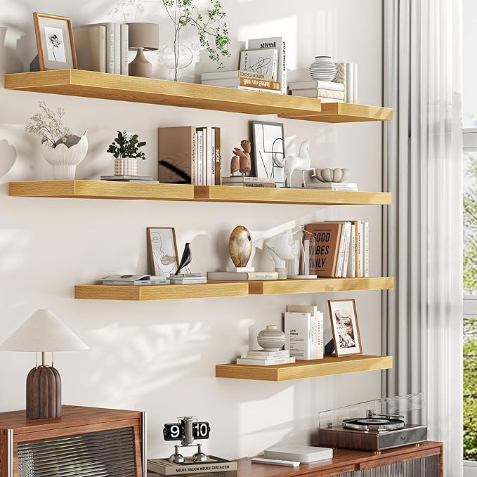 12 Inch Deep Floating Shelves, 32W x 12D Floating Shelf for Books, Rustic Wood Deep Wall Shelves for Home Storage & Display, 1.5" Thicked Shelves for Kitchen, Living Room, Bedroom, Oak, 2 Pack