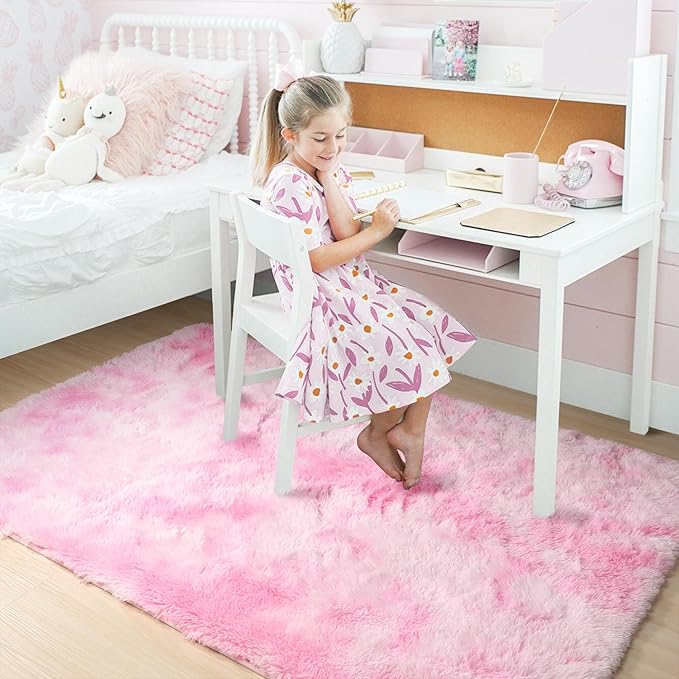 Amdrebio Tie-Dyed Pink and White Area Rugs for Girls Bedroom, Plush Kawaii Fuzzy Throw Princess Rug for Kids Room Playroom, Soft Fluffy Furry Shaggy Carpet for Nursery, 4x6, Cute Room Decor for Baby