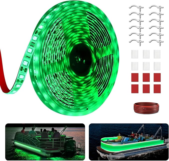 20FT Marine LED Strip Lights for Pontoon, Boat LED Strip Lights 12V Waterproof, Ideal as Under Gunnel Lights, Deck Light, Boat Interior Light for Kayak, Jon Boat and Fishing Boats (Green)