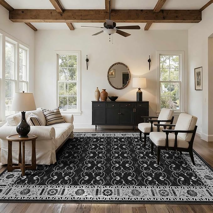 Rugxara 8x10 Washable Area Rug for Living Room, Extra Large Black Vintage Boho Rugs for Office, Kids Room, Farmhouse, Durable Low Pile Non Slip Carpet for High Traffic Areas（Black 8x10）