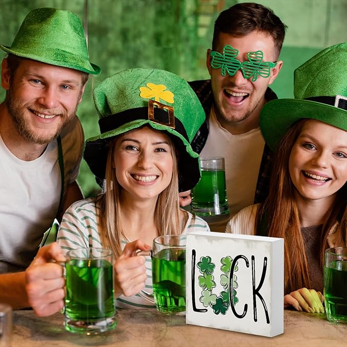 St. Patrick's Day Decorations, Irish Luck Shamrock Wooden Box Sign Desk Decor, Lucky Sign for St Patrick's Day Home Party Decor 5x5