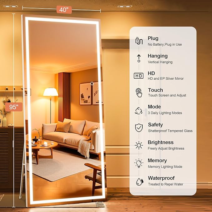 95" x 40" Full Length Mirror with Lights, Large LED Lighted Floor Standing Body Mirror, Dimmable & 3 Color Lighting for Home Gym, Cloakroom, Living Room, Tempered Glass, White Frame