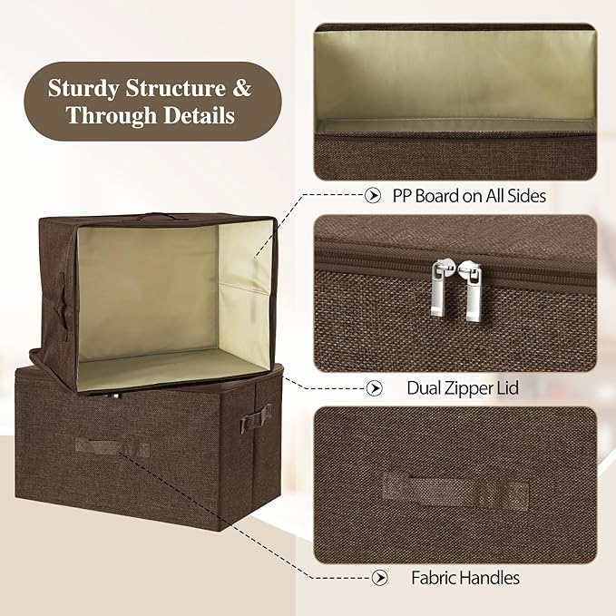 ANMINY 3PCS Storage Bins with Zipper Lids 13 Qt Lidded Fabric Storage Boxes Baskets Cubes with Handles Collapsible Washable Cotton Linen Closet Shelf Clothes Organizer Containers - Coffee, Small