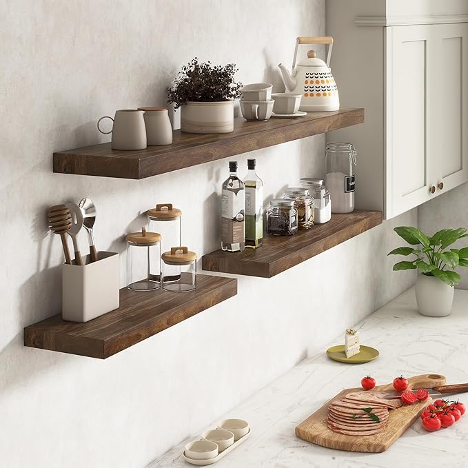 Venusmiles Elm Floating Shelves for Wall Decor, Rustic Solid Wood Shevles Wall Mounted with Invisible Bracket for Living Room Bathroom Bedroom Kitchen, 36 Inch Set of 2, Walnut