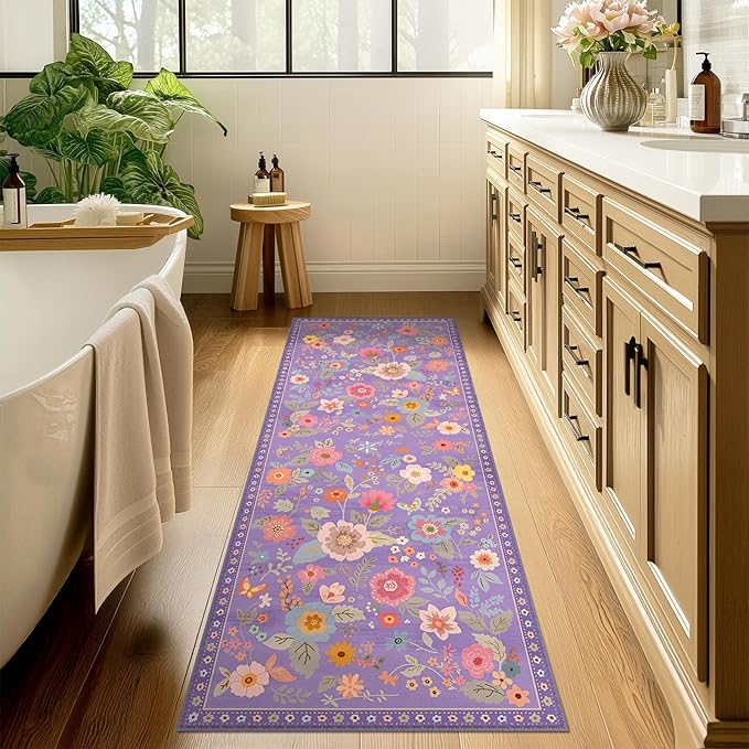 RELEANY Floral Nursery 2x8 Area Rugs Washable Print Boho Cute Carpet Non Slip Flower Low Pile for Living Room Kids Girls Playroom Bedroom Kitchen Office Farmhouse-Purple/Pink/Multi