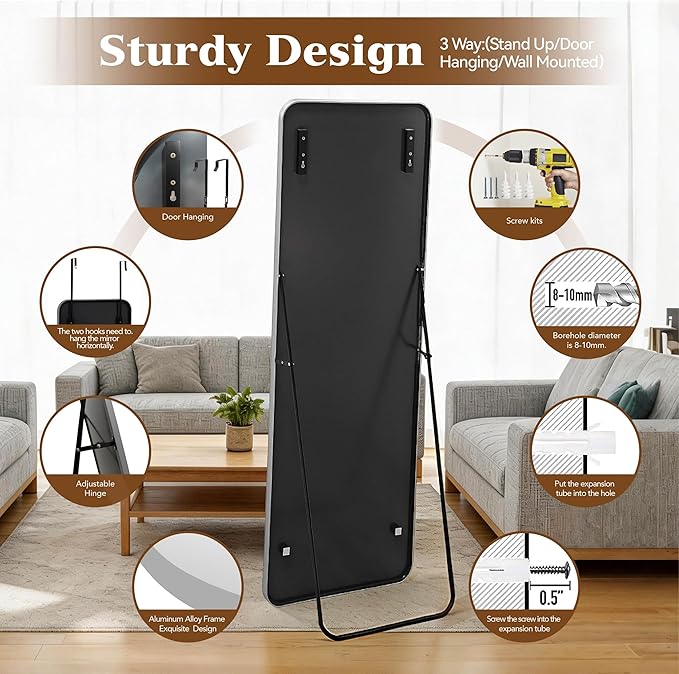 NARCISSUS 57x20 Mirror Door Hanging Full Length Body with Floor Stand or Wall Mounted Metal Aluminum Frame Tempered Glass Rectangle Mirrors for Bedroom Dressing Living Room Bathroom 57 inch Silver