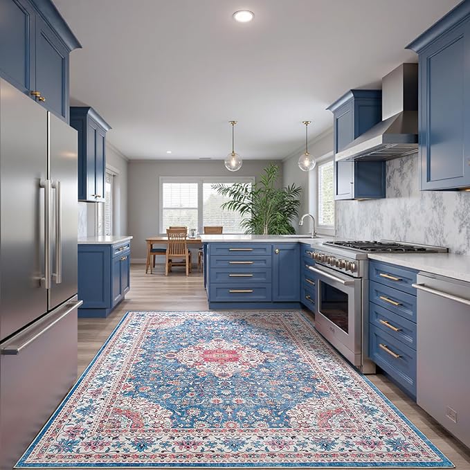 Goideal Washable Rug 8x10, Vintage Area Rugs Non Slip, Indoor Low Pile Carpet with Rubber Backing for Living Room Kitchen Bathroom Entryway Office Bedroom, Blue & Hot Pink
