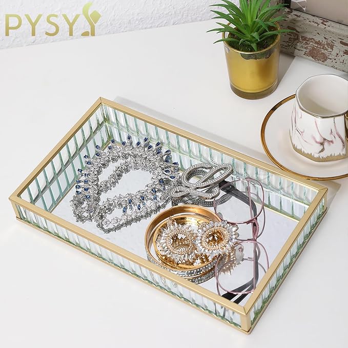 2pcs Mirror Storage Tray, Vertical Striped Glass Jewelry Storage Box, Perfume and Makeup Tray, Suitable for Dressing Tables, Bathrooms, and Bedrooms