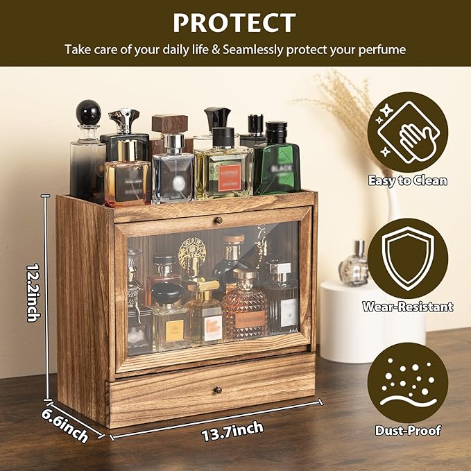 Emfogo Cologne Organizer for Men, Solid Wood Perfumes Organizer for Men Dresser, Large Capacity Dustproof Cologne Holder with Drawer Storage Perfume Stand Organizer, Ideal Gift for Loved ones