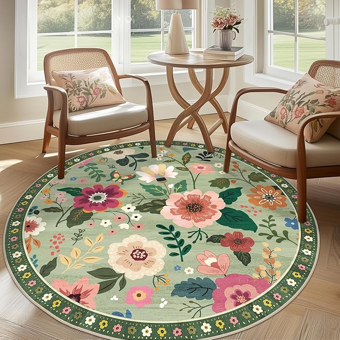 RELEANY Floral Nursery 6ft Area Rugs Washable Print Boho Cute Carpet Non Slip Flower Low Pile for Living Room Kids Girls Playroom Bedroom Kitchen Office Farmhouse-Light Green