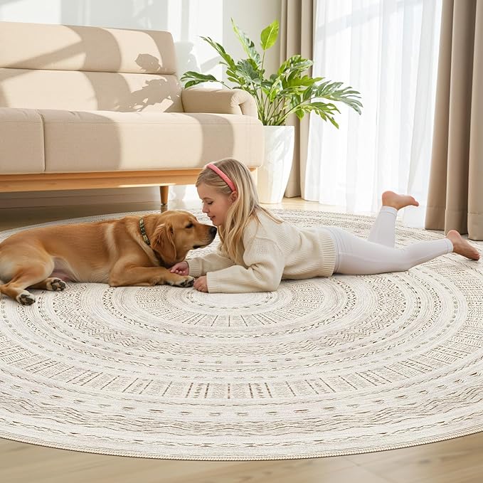 cotiled 8x8 Round Area Rug Living Room: Washable Boho Rugs with Non Slip Backing Large Soft Indoor Stain Resistant Carpet for Bedroom Farmhouse Dining Room Lightweight Home Decor Brown/Cream
