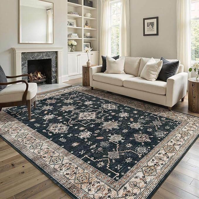 Rugxara 5x7 Area Rugs for Living Room Bedroom, Large Washable Rug, Black Vintage Floral Boho Rug, Non Slip & Low Pile Faux Wool Thin Carpet for Indoor Dining Room and Kids Room(Black 5x7ft)