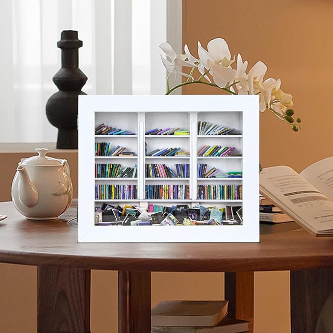 Anxiety Mini Bookshelf Mini Books with 300PCS Mini Bookshelf Shake Away Your Anxiety Wooden Miniature Book Library for Stress Relief, Home and Office Decor, Unique Gift for Book Lovers - White