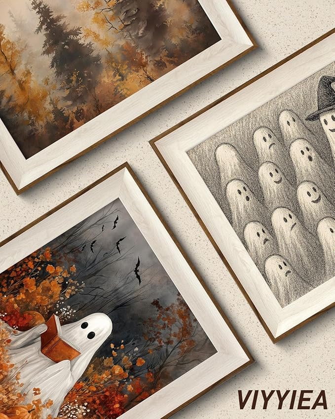 VIYYIEA Framed Wall Art for Living Room, Reading Ghost Canvas Prints, Autumn Home Decor, Halloween Painting Picture, Bathroom Wall Decor Gifts for Friends or Family -【Reading Ghost】-(16L x 12W)